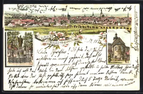 Lithographie Hildesheim, Gesamtansicht, St. Bernward-Denkmal