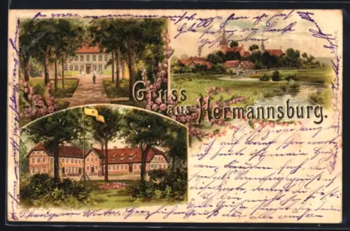 Lithographie Hermannsburg, Missionshaus, Dorfansicht mit Fluss