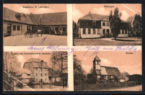 AK Hohnhorst, Gasthaus W. Lahmann, Rittergut, Mühle und Elektrizitätswerk H. Randhahn, Kirche
