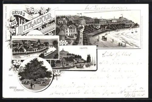 Lithographie Hitzacker, Stadtansicht, Hafen, Grosse Kastanie