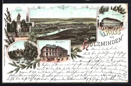 Lithographie Holzminden, Gesamtansicht, Gymnasium, Baugewerkschule