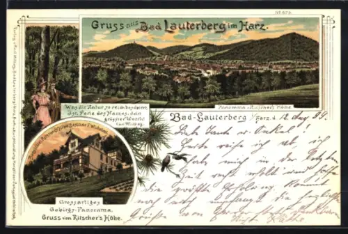 Lithographie Bad Lauterberg im Harz, Berghotel Ritscher`s Höhe F. Wilhelmi, Paar im Wald, Ortsansicht