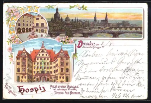 Lithographie Dresden, Hospiz Hotel Dir. P. Neumann, Zinzendorfstrasse 17, Stadtpanorama