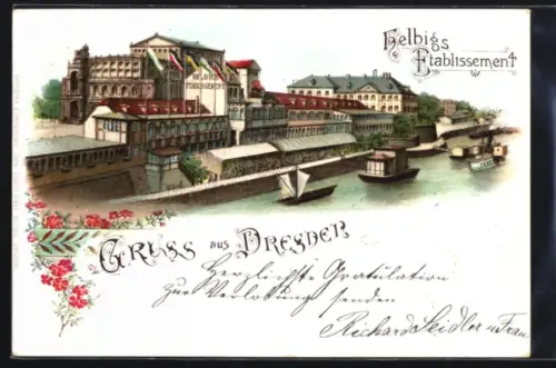 Lithographie Dresden, Helbigs Gasthaus an der Elbe, Panorama aus der Vogelschau