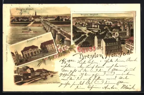 Lithographie Dresden-Neustadt, Neustädter Markt, Teilansicht des Stadtteils