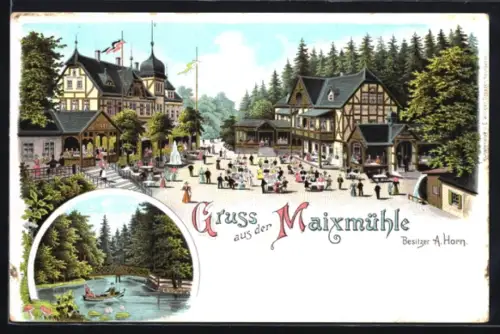 Lithographie Dresden-Pillnitz, Blick auf das Gasthaus Meixmühle