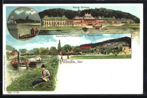 Lithographie Dresden-Pillnitz, Königl. Schloss, Dampfschifflandeplatz & Restauration