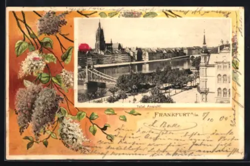 Grusskarten-AK Frankfurt a. M., Totalansicht mit Kirche, Flieder