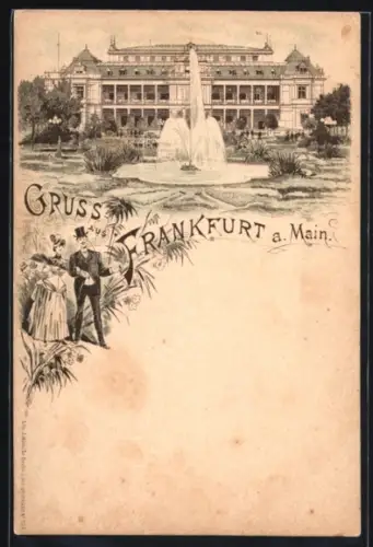 Lithographie Frankfurt-Westend, Palmengarten mit Fontaine