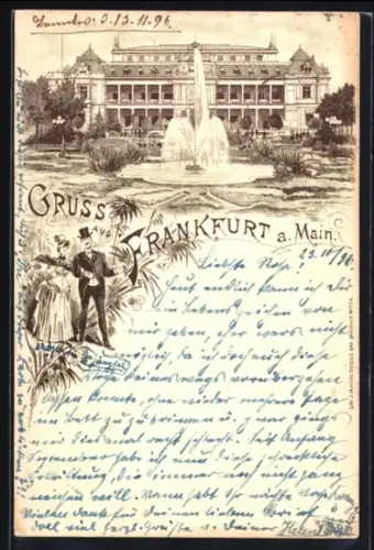 Lithographie Frankfurt-Westend, Palmengarten mit Fontaine