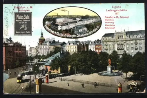 AK Frankfurt a. M., Engelswerk Foche-Solingen Stahlwaren-Fabrik, Schillerplatz, Ladengeschäfte in München u. Nürnberg