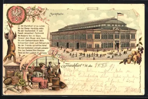 Lithographie Frankfurt-Ostend, Grossmarkthalle, Gemüseverkäuferin