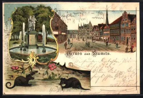 Lithographie Hameln, Blick in die Osterstrasse, Gertuden-Brunnen, Ratten