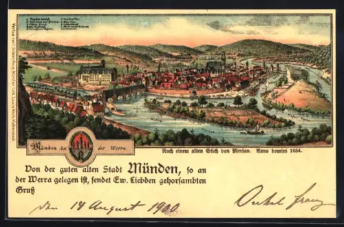 Lithographie Münden, Ansicht der Stadt nach Merian Anno 1654, Wappen