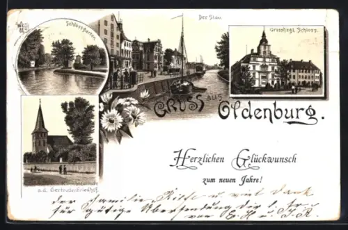 Vorläufer-Lithographie Oldenburg, 1893, Grossherzogliches Schloss, Schlossgarten, Stau, Neujahrsgruss