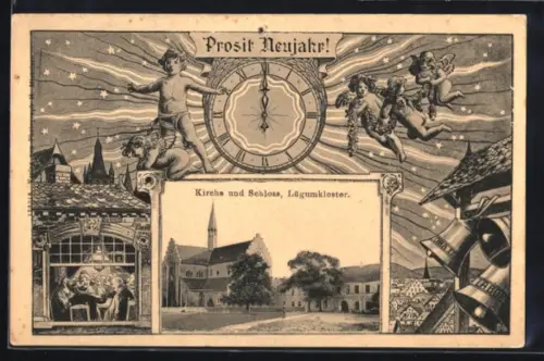 AK Lügumkloster, Kirche und Schloss, Engelein im Himmel mit Uhr, Passepartout