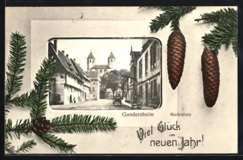 AK Gandersheim, Marktplatz mit Tor, Tannenzweige mit Tannenzapfen, Neujahrsgruss, Passepartout