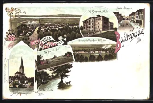 Lithographie Buxtehude, Am Moorthor, Este-Partie, Kgl. Baugewerksschule, Breite Strasse