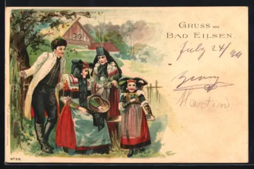 Lithographie Bad Eilsen, Bürger mit Kind in Tracht