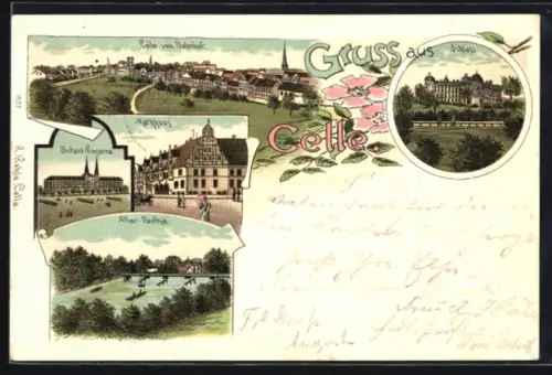 Lithographie Celle, Infanterie-Kaserne, Schloss, Rathaus