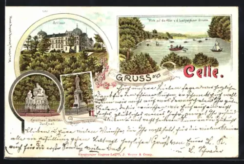 Lithographie Celle, Schloss, Karolinen-Mathilden Denkmal, Krieger Denkmal, 4 Ansichten, Blumenverzierung