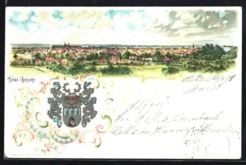 Lithographie Celle, Totalansicht, Wappen