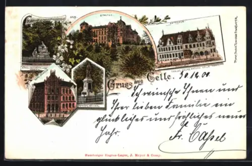 Lithographie Celle, Schloss, Rathaus, Krieger-Denkmal