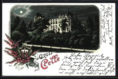 Lithographie Celle, Celler Schloss mit Grünanlagen und Wappen