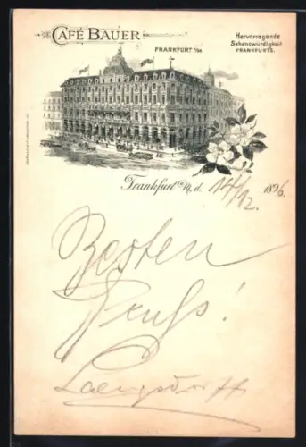 Lithographie Frankfurt a. M., Cafe Bauer mit Strassenpartie