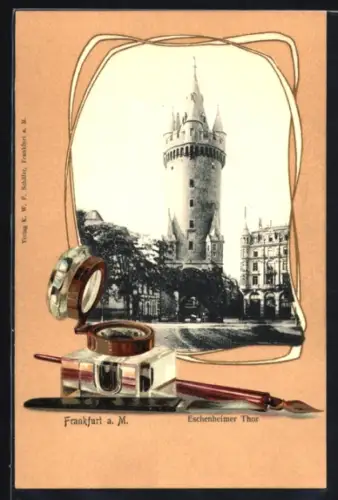 Lithographie Frankfurt a. M., Eschenheimer Tor, Tintenfass und Feder, Passepartout