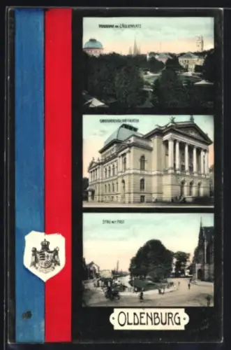 AK Oldenburg, Panorama am Cäcilienplatz, Grossherzogliches Theater, Stau mit Post, Wappen