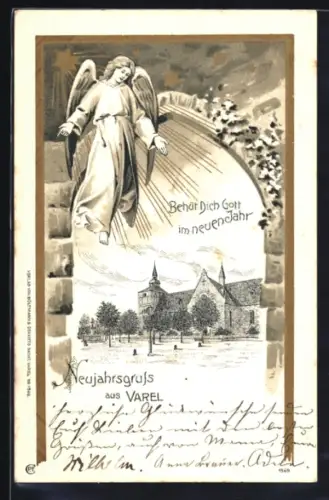 Lithographie Varel / Oldenburg, Blick auf die Kirche durch einen Torbogen, Engel