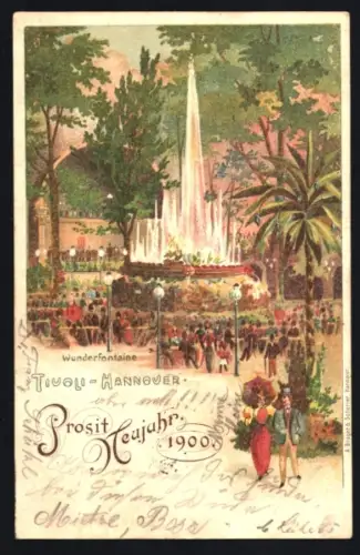 Lithographie Hannover, Gasthaus Tivoli, Wunderfontaine, Neujahrsgruss