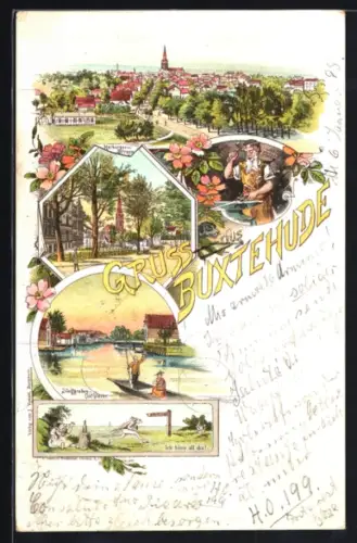 Lithographie Buxtehude, Partie in der Harburger Strasse, Stadtgraben-Ost-Viever