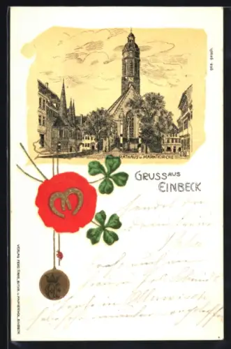 Lithographie Einbeck, Rathaus und Marktkirche, Siegel mit Kleeblättern