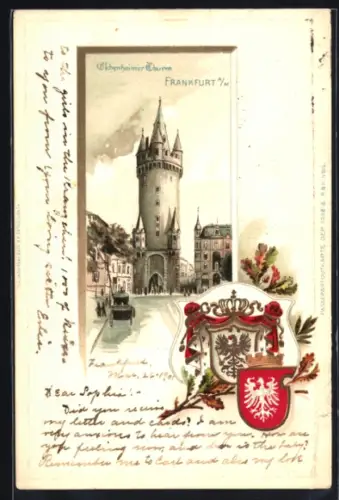 Passepartout-Lithographie Frankfurt /Main, Strassenpartie am Eschenheimer Thurm, Wappen