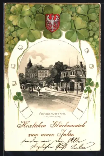 Passepartout-Lithographie Frankfurt a. M., Hauptwache im Hufeisen mit Kleeblättern, Wappen, Neujahrsgruss