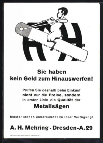 AK Dresden-A., Reklame für Metallsägen der Firma A. H. Mehring