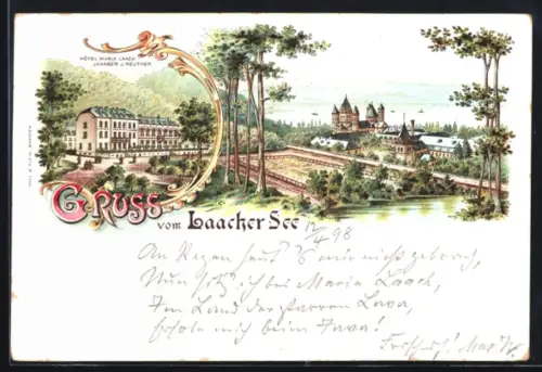Lithographie Maria Laach /Laacher See, Hotel Maria Laach, Schloss