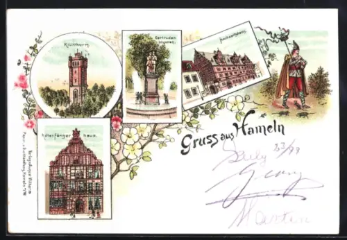 Lithographie Hameln, Hochzeitshaus, Rattenfängerhaus, Getrudenbrunnen