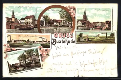 Lithographie Buxtehude, Gasthof Mencks Fährhaus, Pepers Hotel, Wintersche Papierfabriken