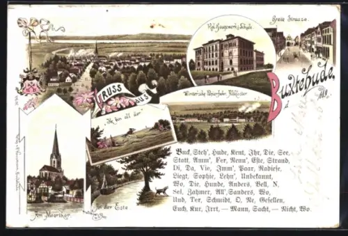 Lithographie Buxtehude, Am Moorthor, Este-Partie, Kgl. Baugewerksschule, Breite Strasse