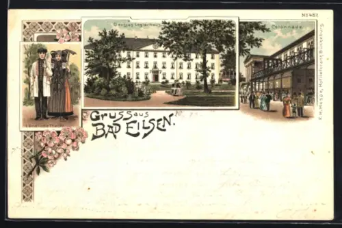 Lithographie Bad Eilsen, Grosses Logierhaus, Colonnade, Ländliche Tracht