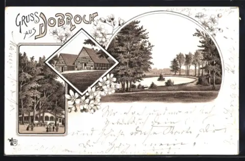 Lithographie Dobrock, Gasthaus, Teichpartie
