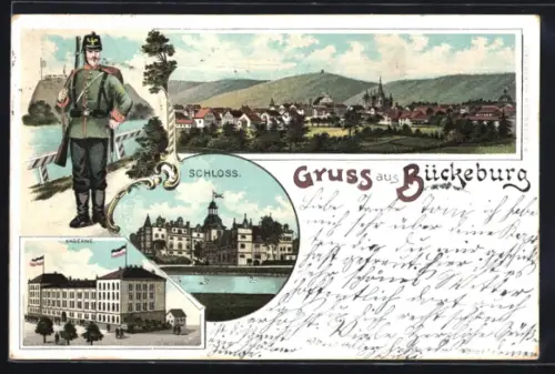 Lithographie Bückeburg, Kaserne, Schloss, Ortsansicht, Soldat in Uniform