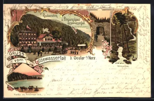 Lithographie Goslar a. Harz, Restaurant und Pension Gosewasserfall, Wasserfall, Herzberger Teich