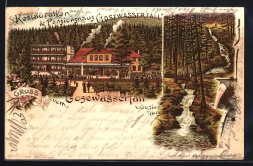 Lithographie Goslar, Restaurant und Pensionshaus Gosewasserfall, Aussenansicht
