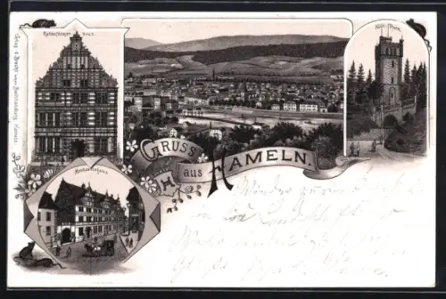 Lithographie Hameln, Hochzeitshaus, Klütturm, Rattenfängerhaus, Totalansicht