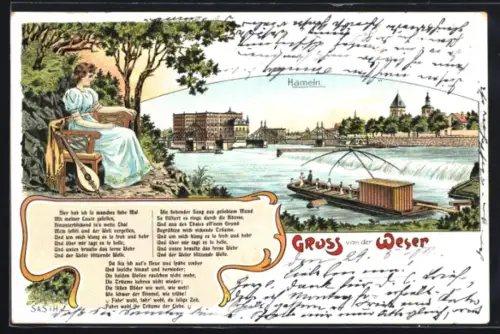 Lithographie Hameln, Ortsansicht mit der Weser, Frau auf einer Bank