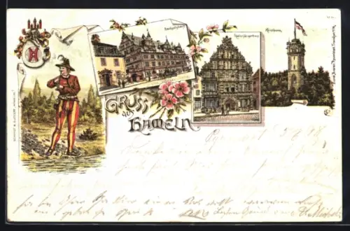 Lithographie Hameln, Rattenfänger, Rattenfängerhaus, Hochzeitshaus, Klütturm